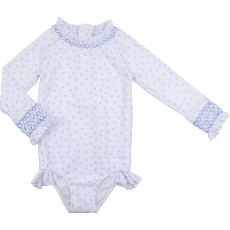Heart Print Smocked Long Sleeve Swimsuit