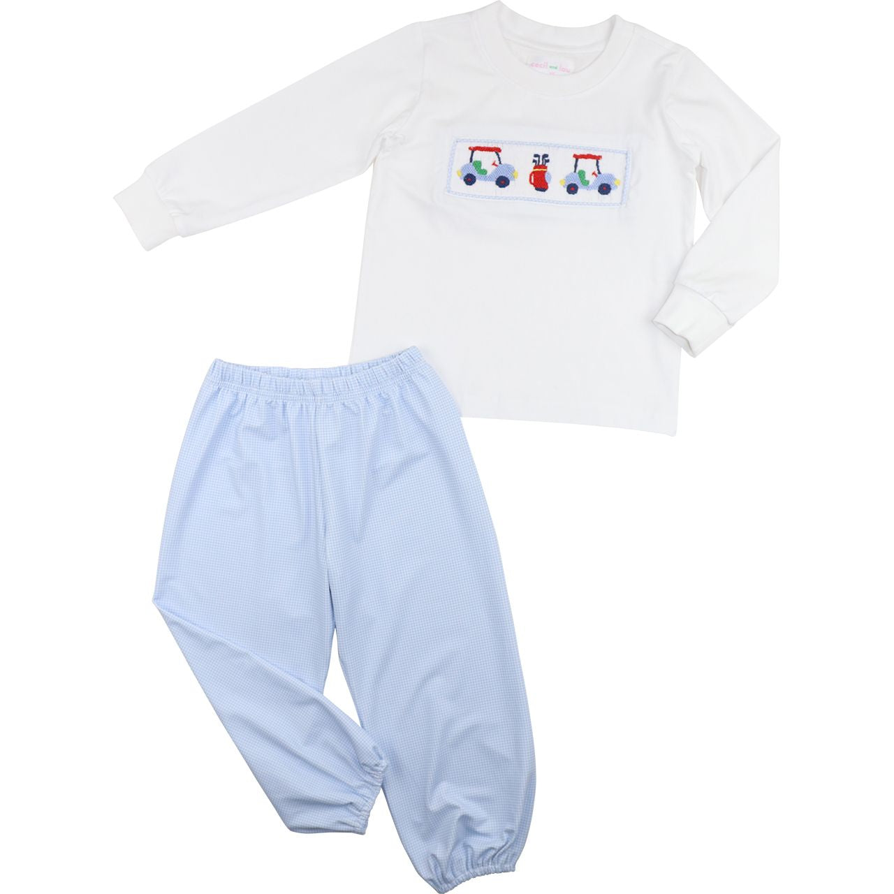 Blue Gingham Knit Smocked Golf Pant Set