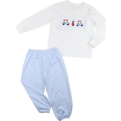 Blue Gingham Knit Smocked Golf Pant Set