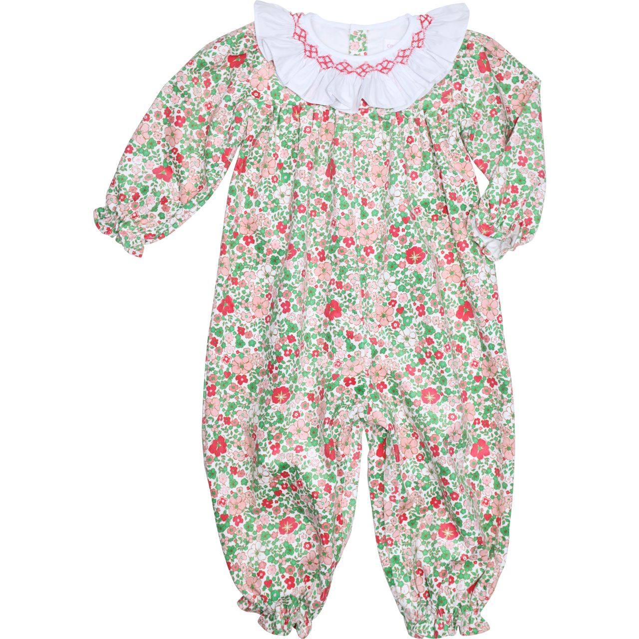 Holiday Floral Corduroy Smocked Long Bubble