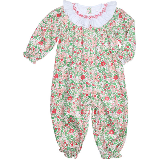 Holiday Floral Corduroy Smocked Long Bubble