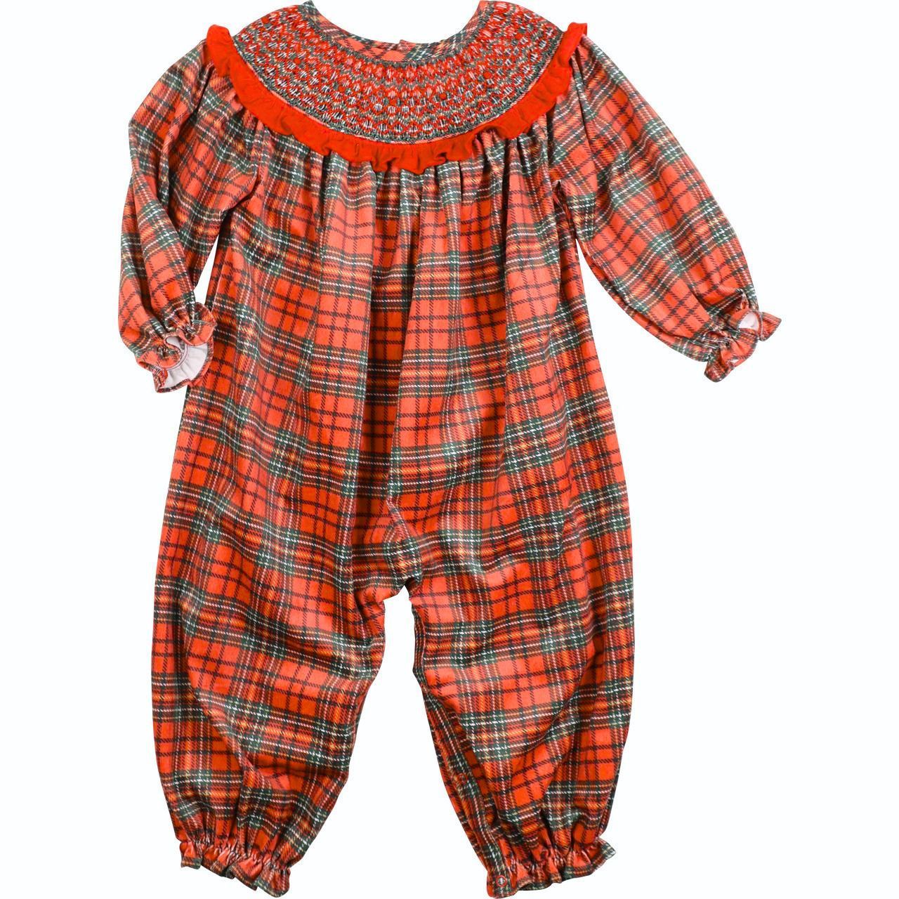 Holiday Plaid Corduroy Smocked Long Bubble
