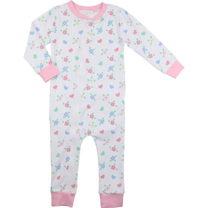 Flower And Heart Print Knit Zipper Pajamas