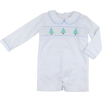 Blue Dot Corduroy Smocked Christmas Tree Short Romper