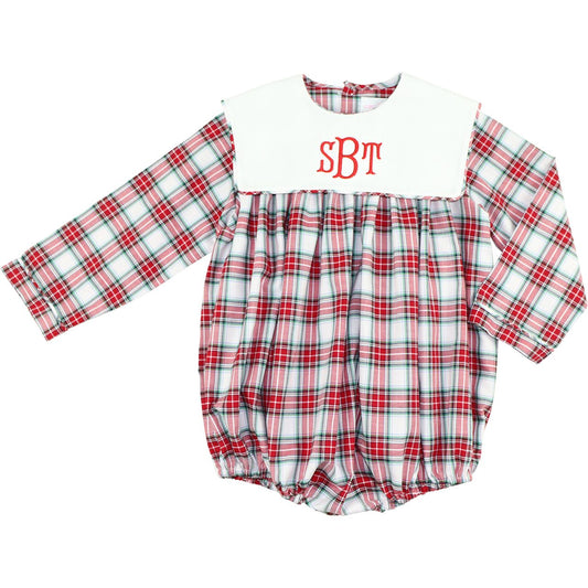 Boy's Red And Green Plaid Square Collar Bubble