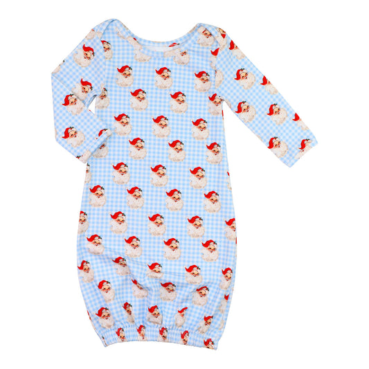 Blue Gingham Knit Santa Print Baby Gown