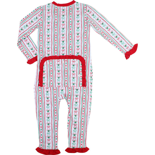 Red And Green Knit Bow And Candy Cane Zipper Pajamas