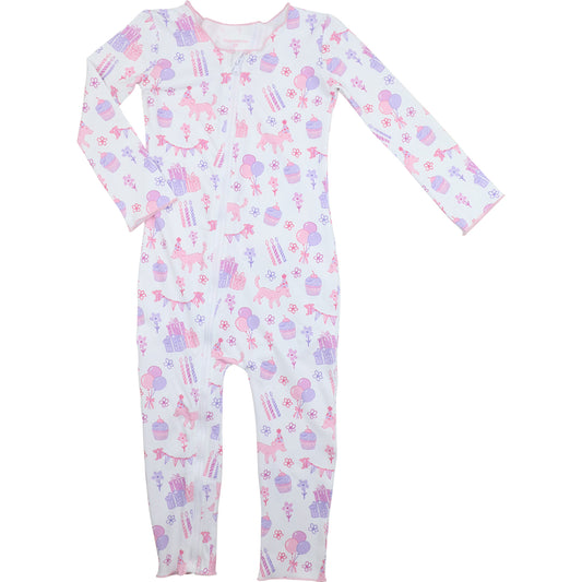 Pink And Purple Birthday Print Knit Zipper Pajamas