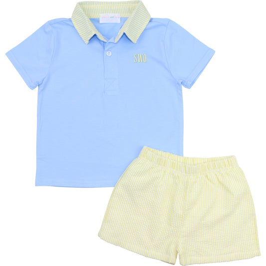 Blue And Yellow Seersucker Polo Short Set