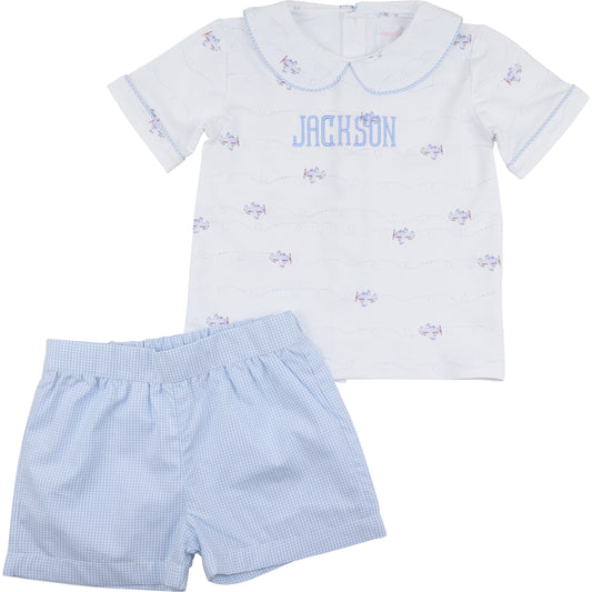 Blue Knit Gingham Airplane Short Set