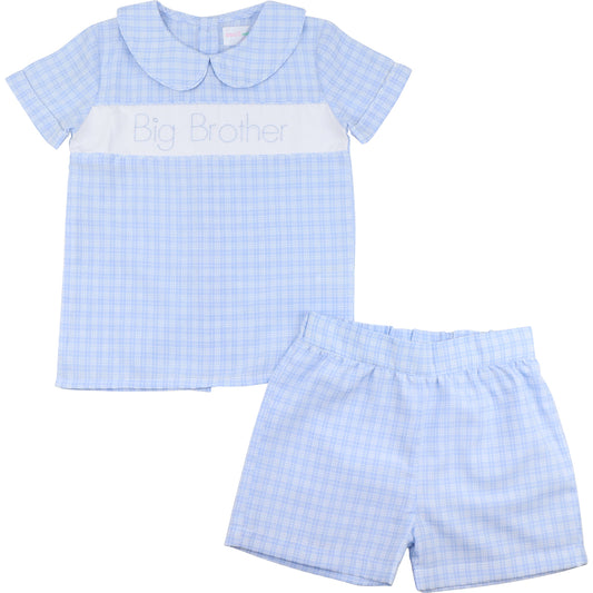 Blue Plaid Embroidered Big Brother Short Set