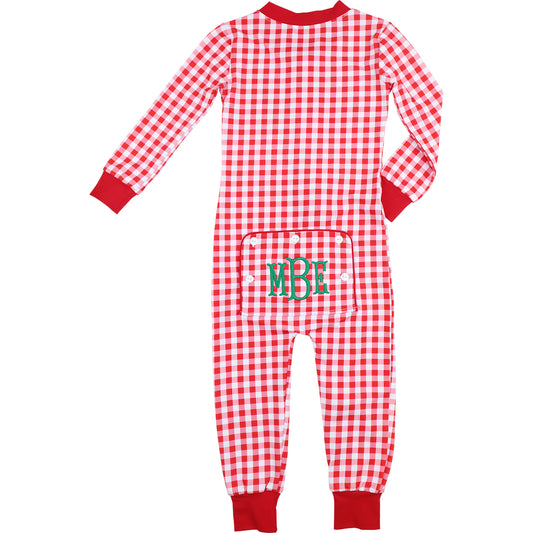 Red And White Check Knit Zipper Pajamas