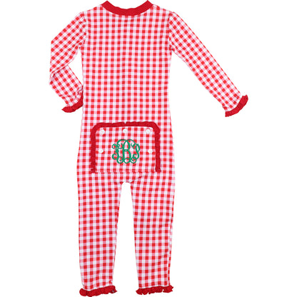 Red And White Check Knit Ruffle Zipper Pajamas