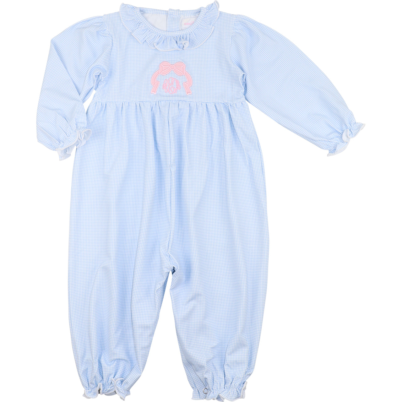 Blue Gingham Knit Applique Bow Long Bubble