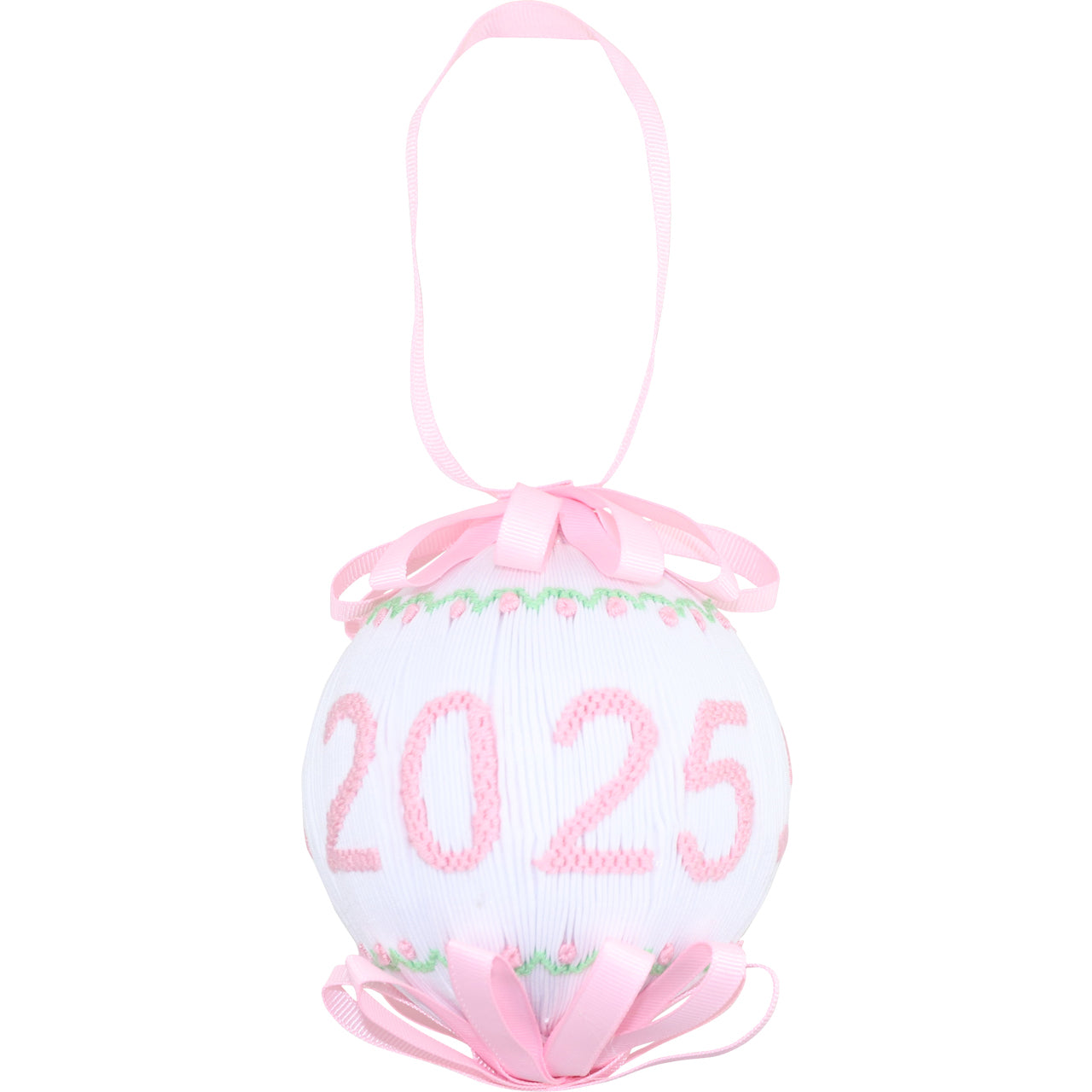 Decorative ornament with pink smocked 2025 on a white background