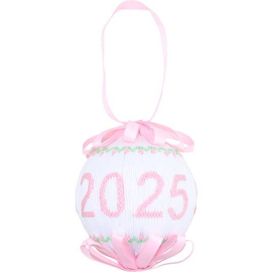 Decorative ornament with pink smocked 2025 on a white background