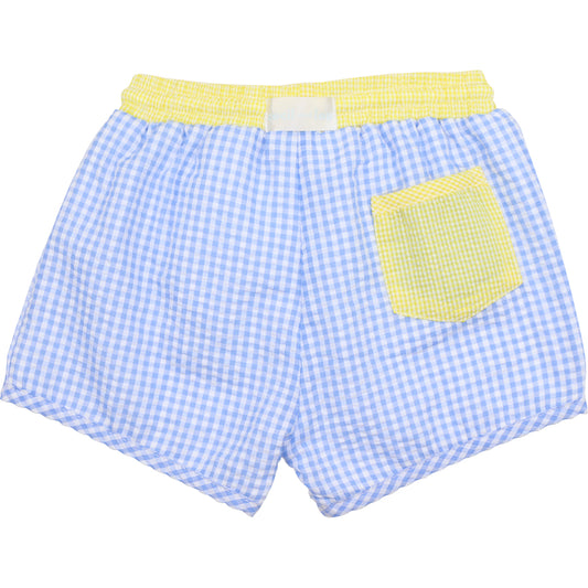 Blue And Yellow Seersucker Swim Trunks