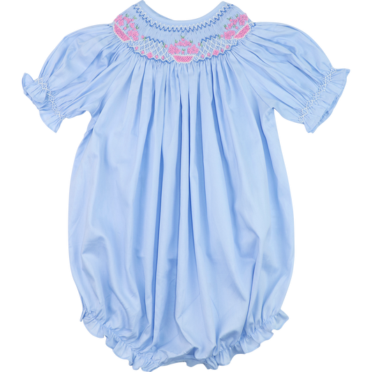 Blue Smocked And Embroidered Floral Bubble