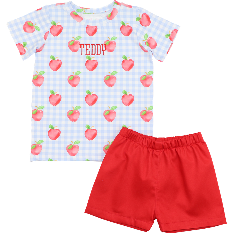 Blue Check Apple Print Short Set