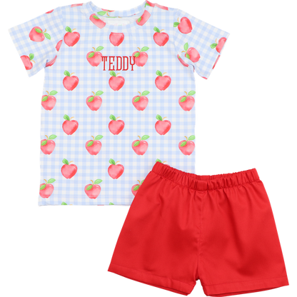Blue Check Apple Print Short Set