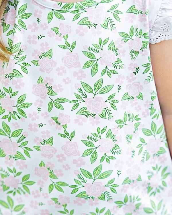 Pink And Green Roses Knit Eyelet Dress