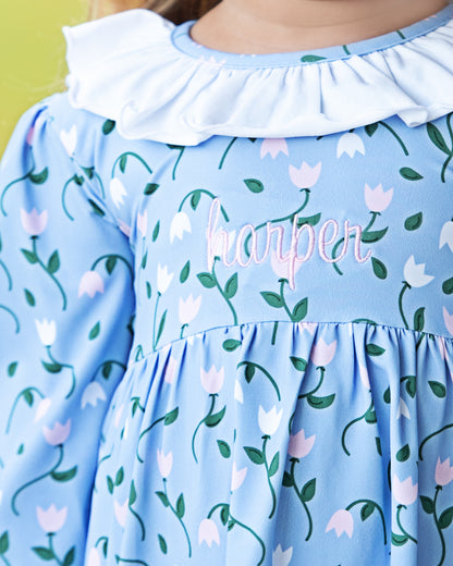 Blue And Pink Tulip Print Knit Floral Dress