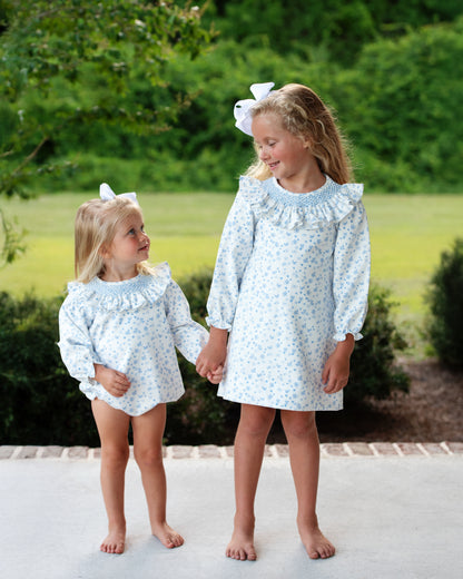 Blue Floral Corduroy Geometric Smocked Bubble