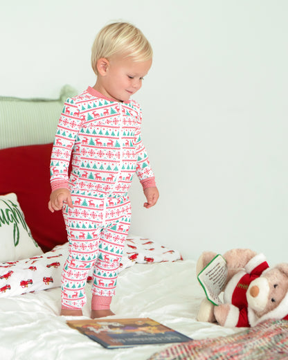 Red And Green Christmas Print Knit Zipper Pajamas