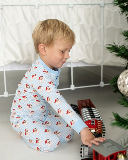 Blue Gingham Knit Santa Pajamas