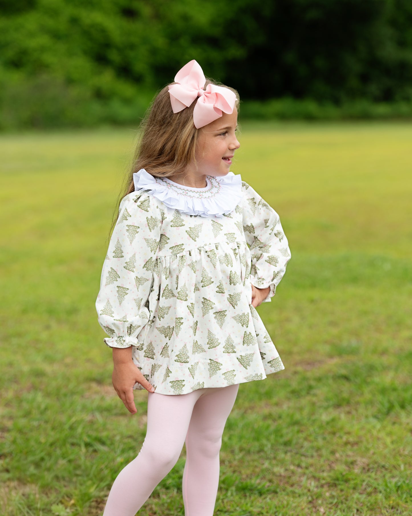 Pink And Green Smocked Christmas Tree Legging Set