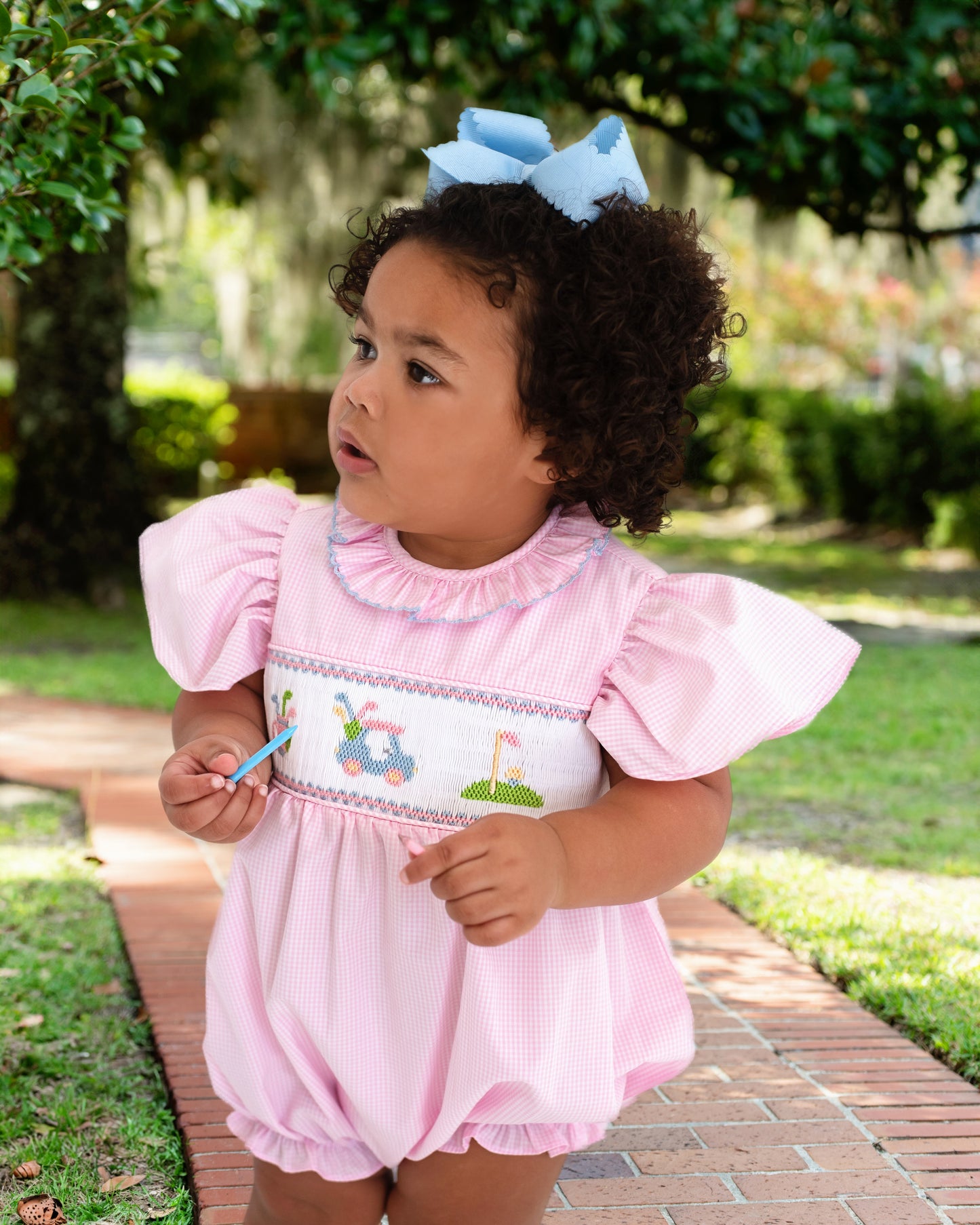 Pink Gingham Smocked Golf Bubble