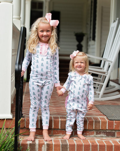 Pink And Green Knit Bow And Tree Zipper Pajamas