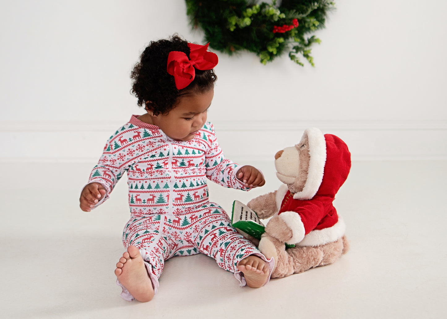 Red And Green Christmas Print Knit Ruffle Zipper Pajamas