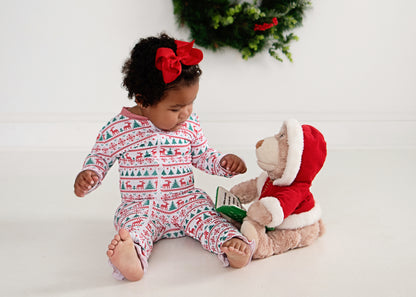 Red And Green Christmas Print Knit Ruffle Zipper Pajamas