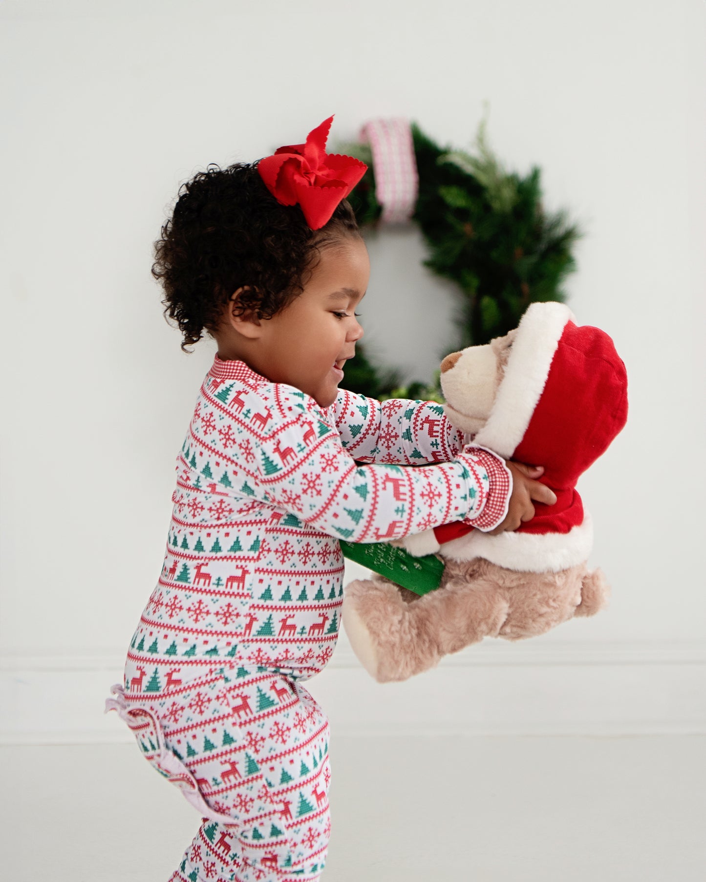 Red And Green Christmas Print Knit Ruffle Zipper Pajamas