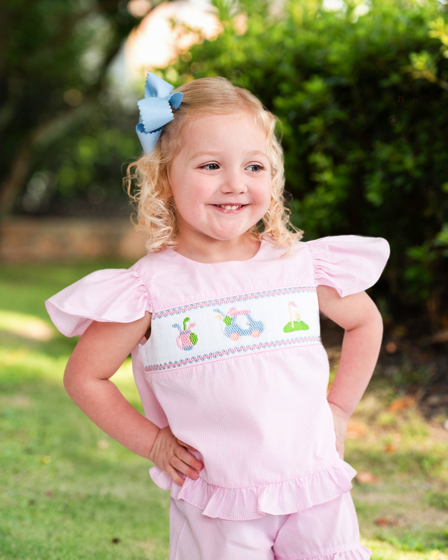 Pink Gingham Smocked Golf Short Set