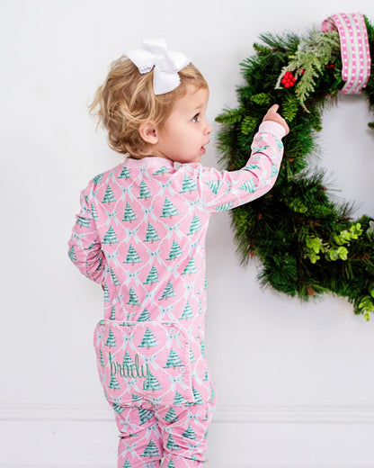 Pink And Green Knit Christmas Tree And Ribbon Zipper Pajamas