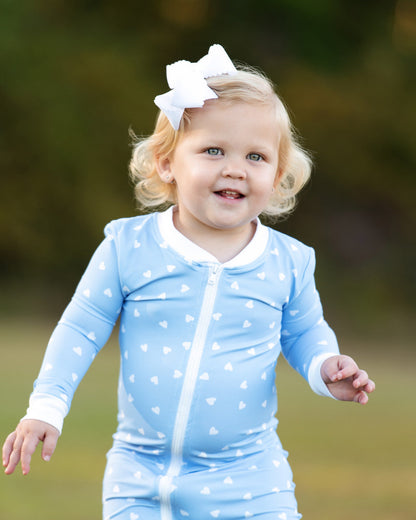 Blue And White Heart Print Knit Zipper Pajamas
