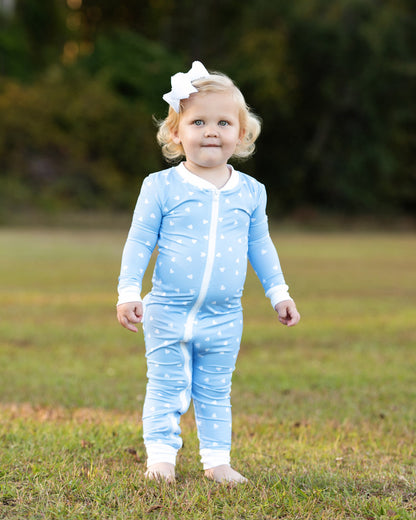 Blue And White Heart Print Knit Zipper Pajamas