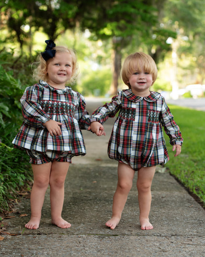Holiday Tartan Plaid Smocked Bubble