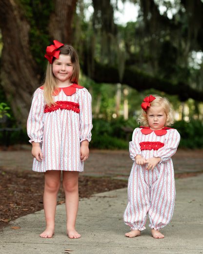 Red And Green Rosebud Smocked Petal Collar Dress