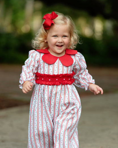 Red And Green Rosebud Smocked Petal Collar Long Bubble