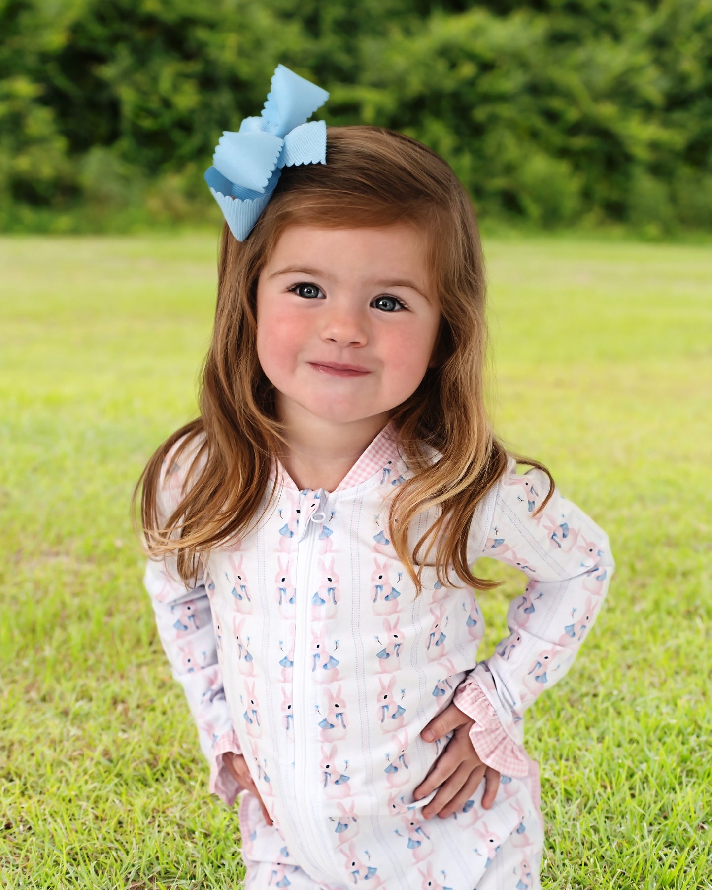Pink And Blue Bunny Print Knit Zipper Pajamas