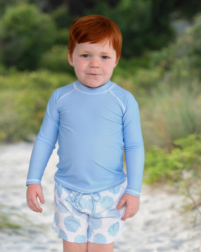 Blue And White Seashell Swim Trunks