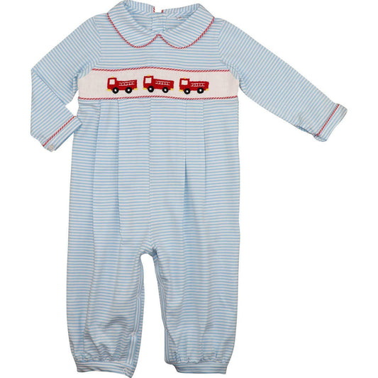 Blue Stripe Knit Smocked Firetruck Long Romper