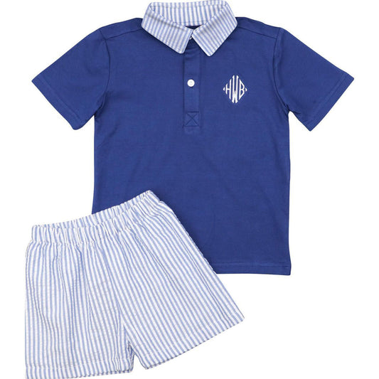 Navy Seersucker Polo Short Set