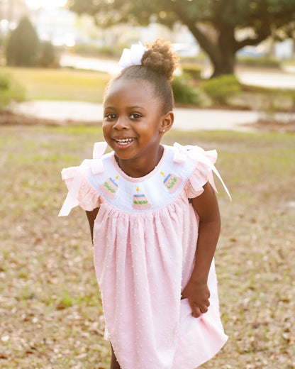 Pink Swiss Dot Smocked Birthday Cake Dress