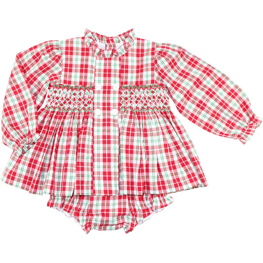 Red And Green Plaid Geometric Smocked Diaper Set