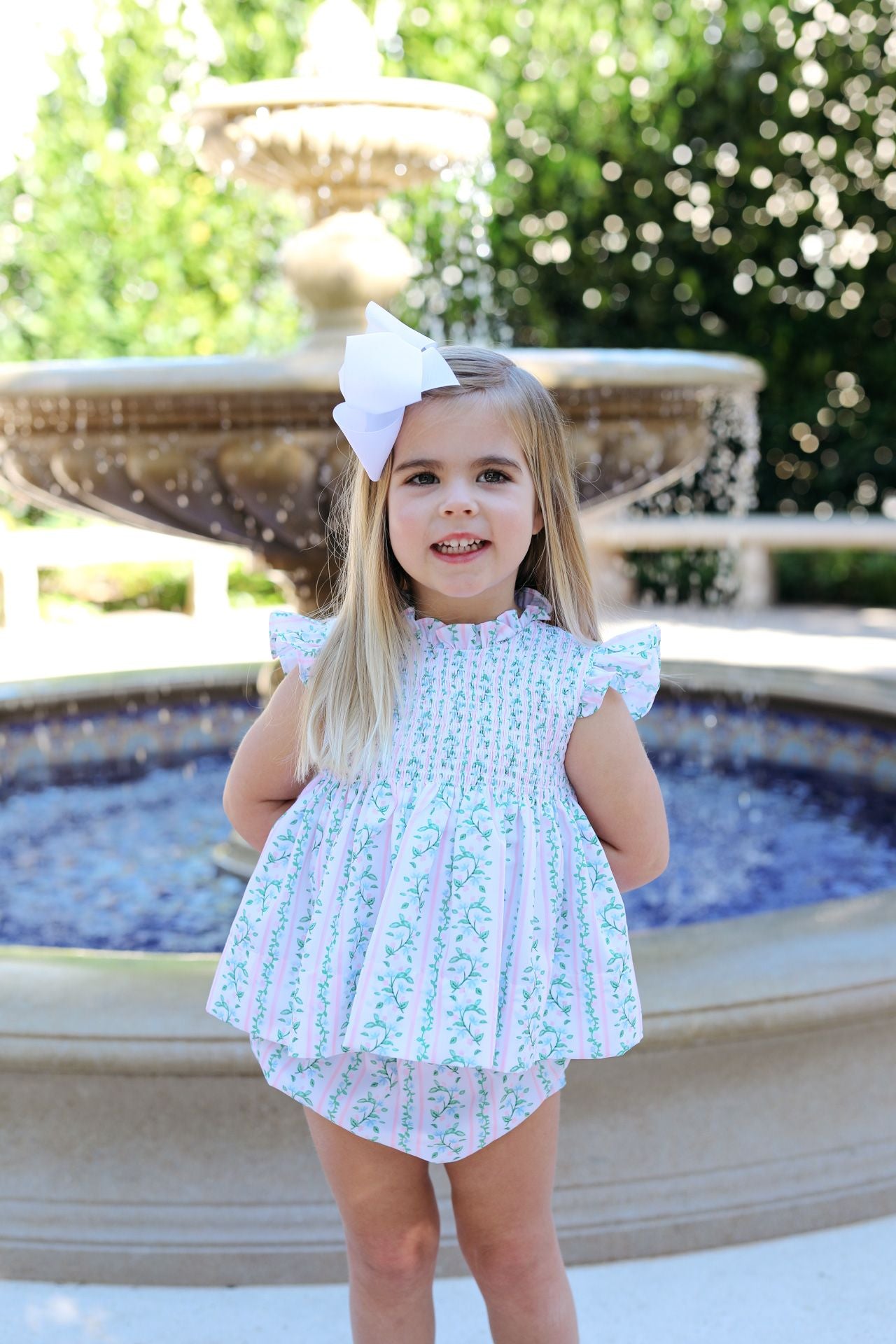 Green And Pink Floral Vines Smocked Diaper Set