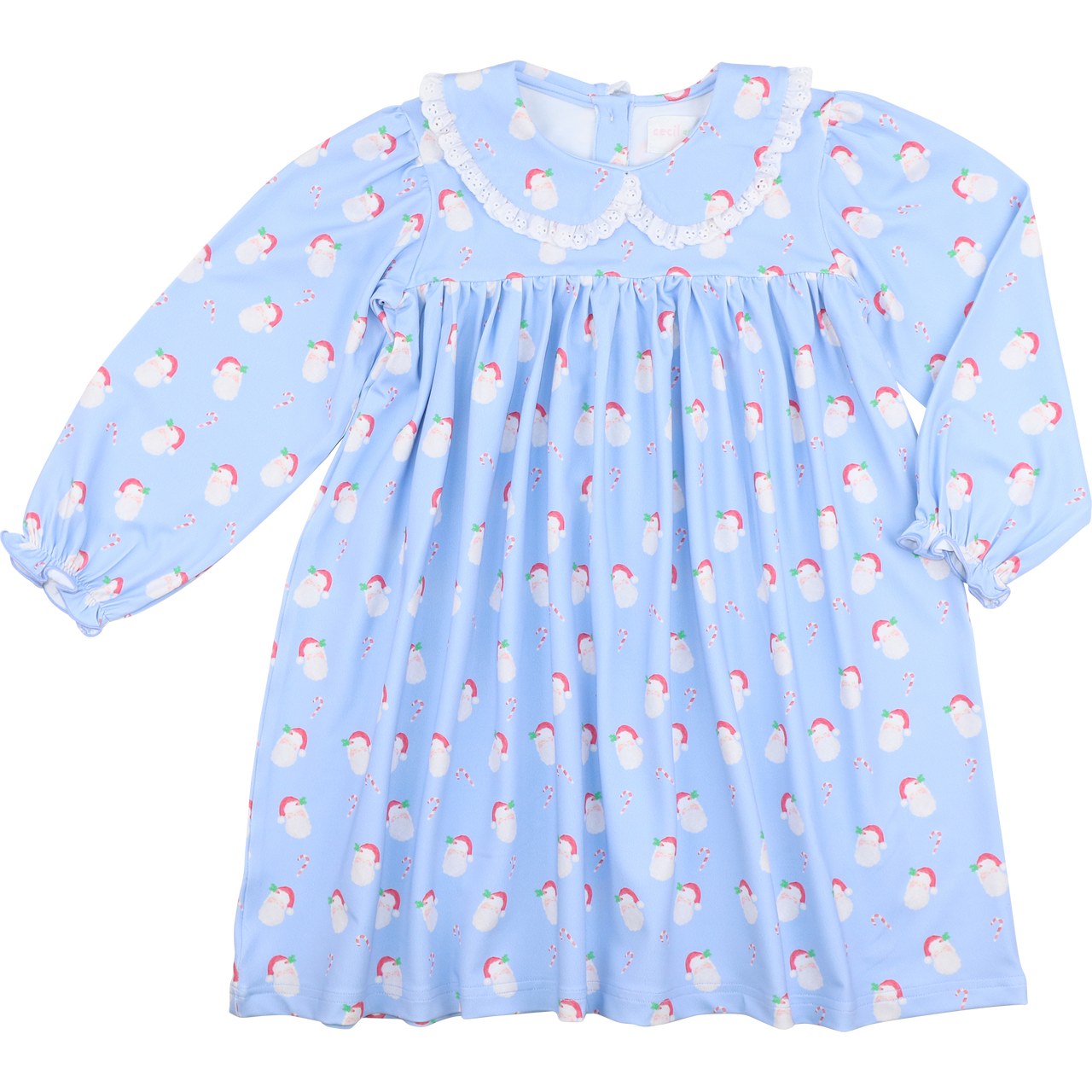 Blue Knit Santa Print Eyelet Dress